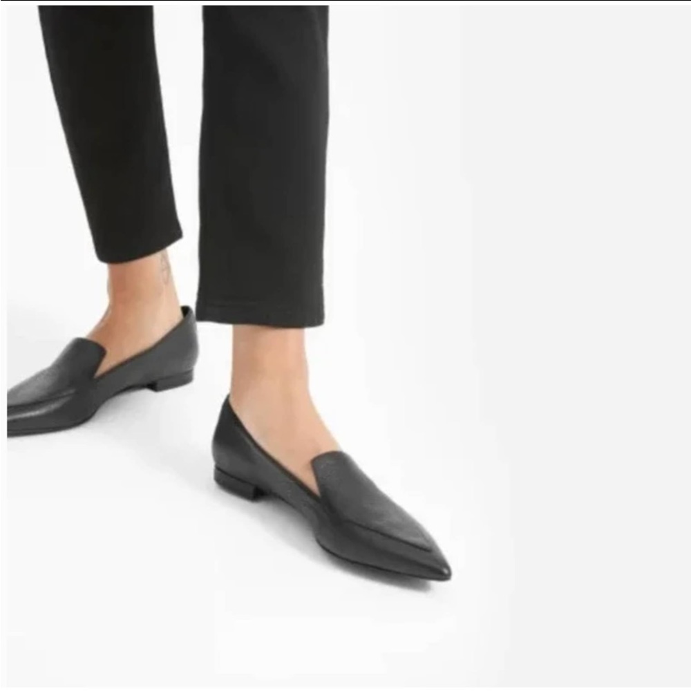 Everlane The Boss Flat Black Leather  Slip On Academia Point Toe
